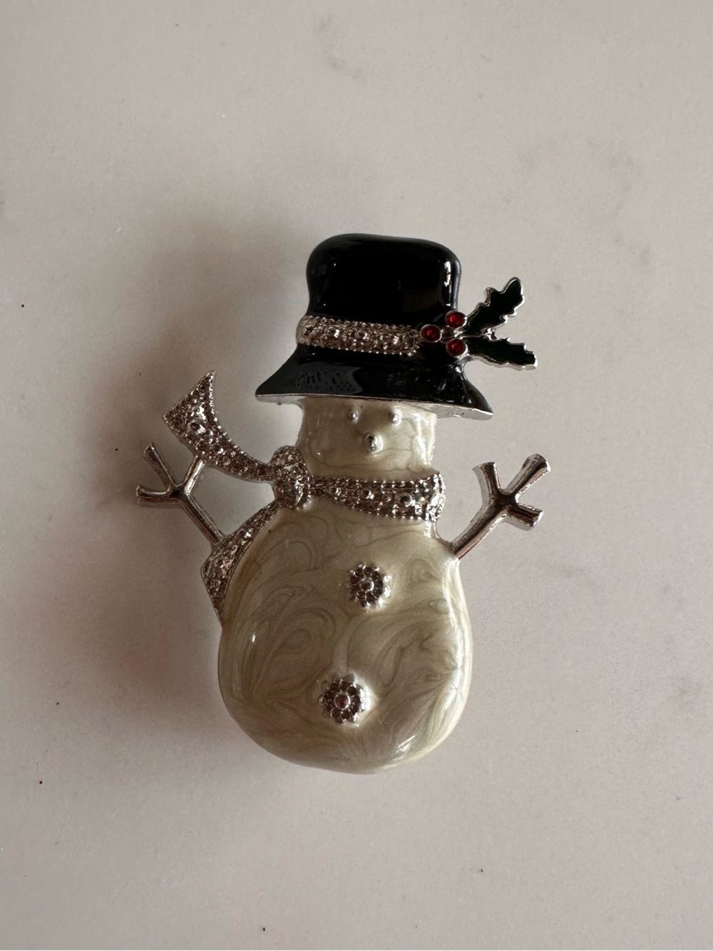 Holiday Snowman Brooch Pin in Black and Cream